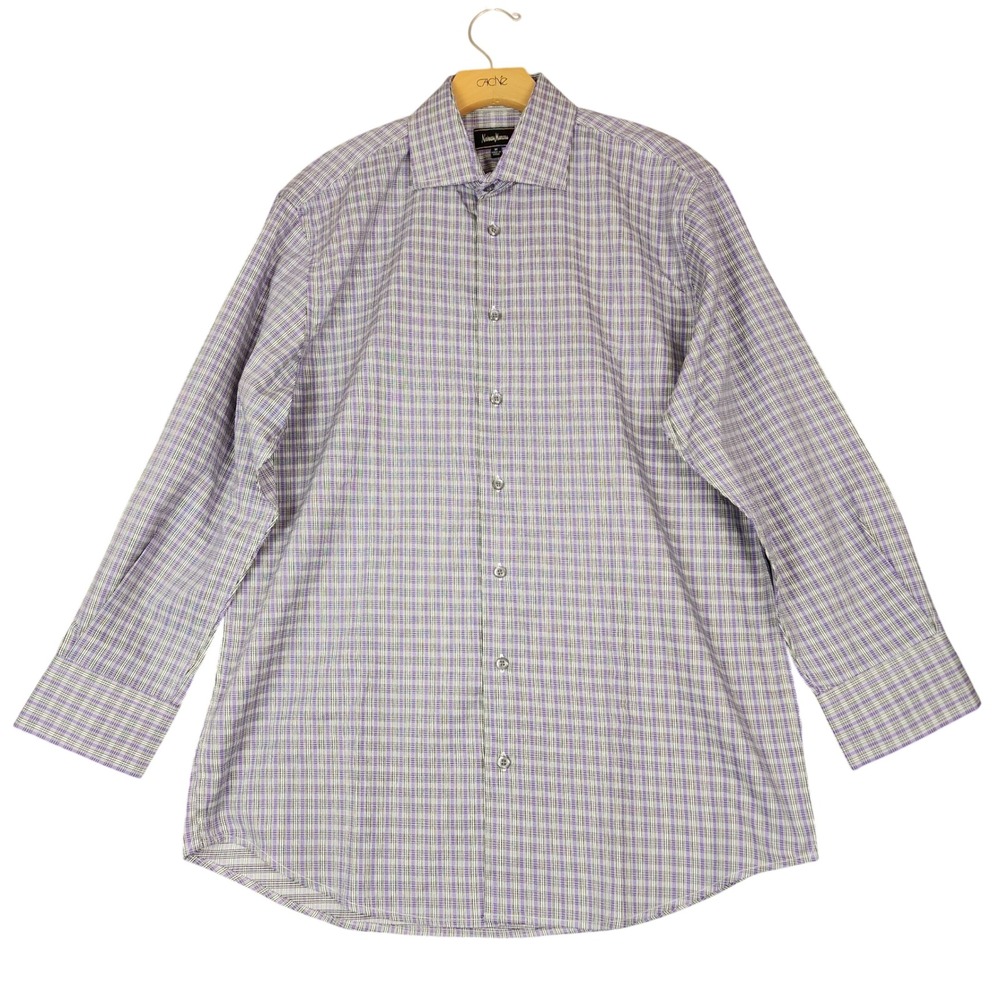 Neiman Marcus Mens Purple Plaid Cotton Button Down Shirt Size M Long Sleeve